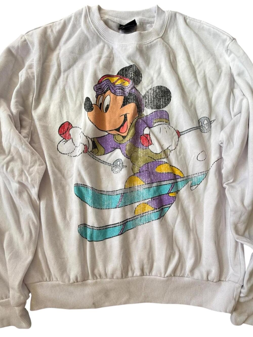 Disney Mickey Mouse Skiing Sweatshirt White 90s Style Small